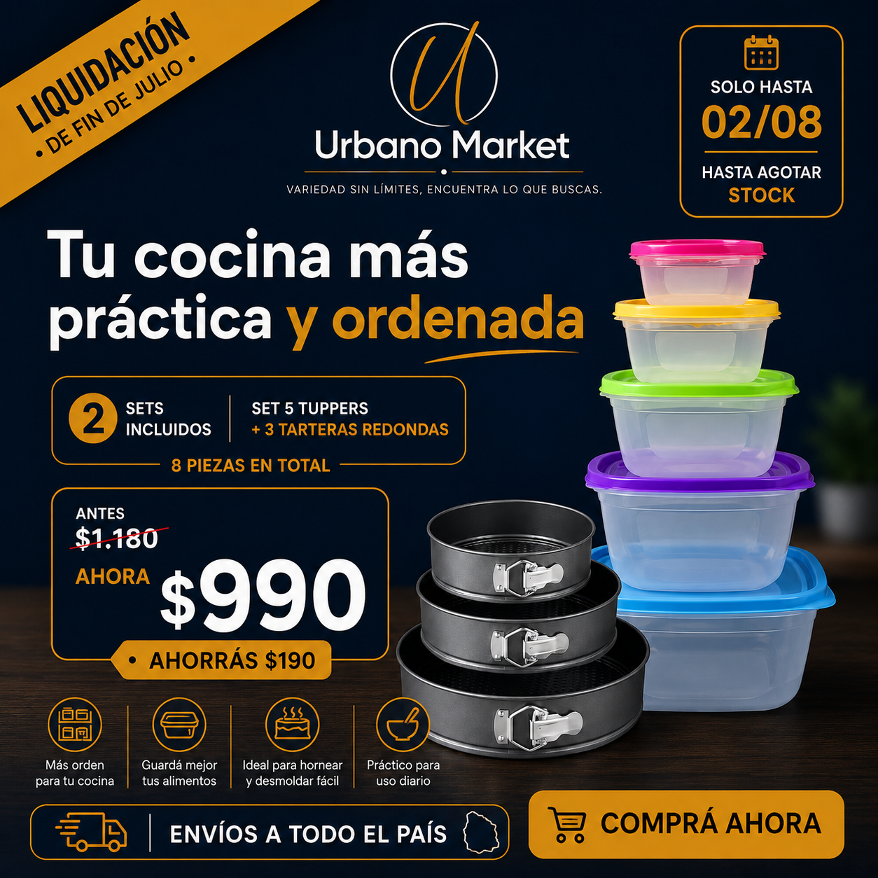 Combo – Set 5 Tuppers + 3 Tarteras Redondas