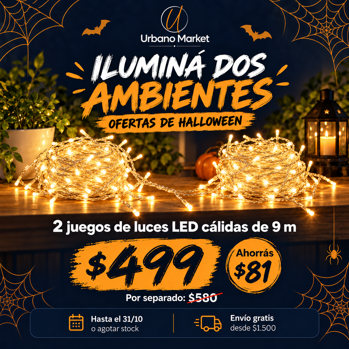 Iluminá dos ambientes | 2 juegos de luces LED cálidas de 9 m — Halloween