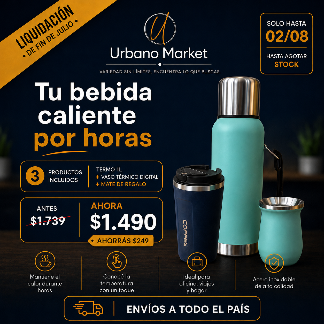 Combo – Termo 1L + Vaso Térmico LED + Mate