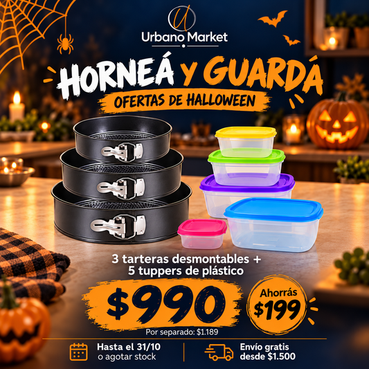 Horneá y guardá | 3 tarteras redondas + 5 tuppers — Halloween